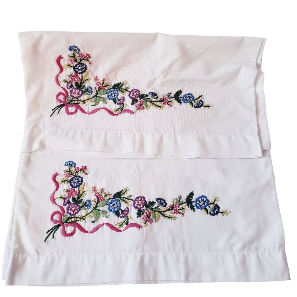 Set of 2 Vintage Embroidered Pillowcases Standard Size Floral Ribbon Cottage